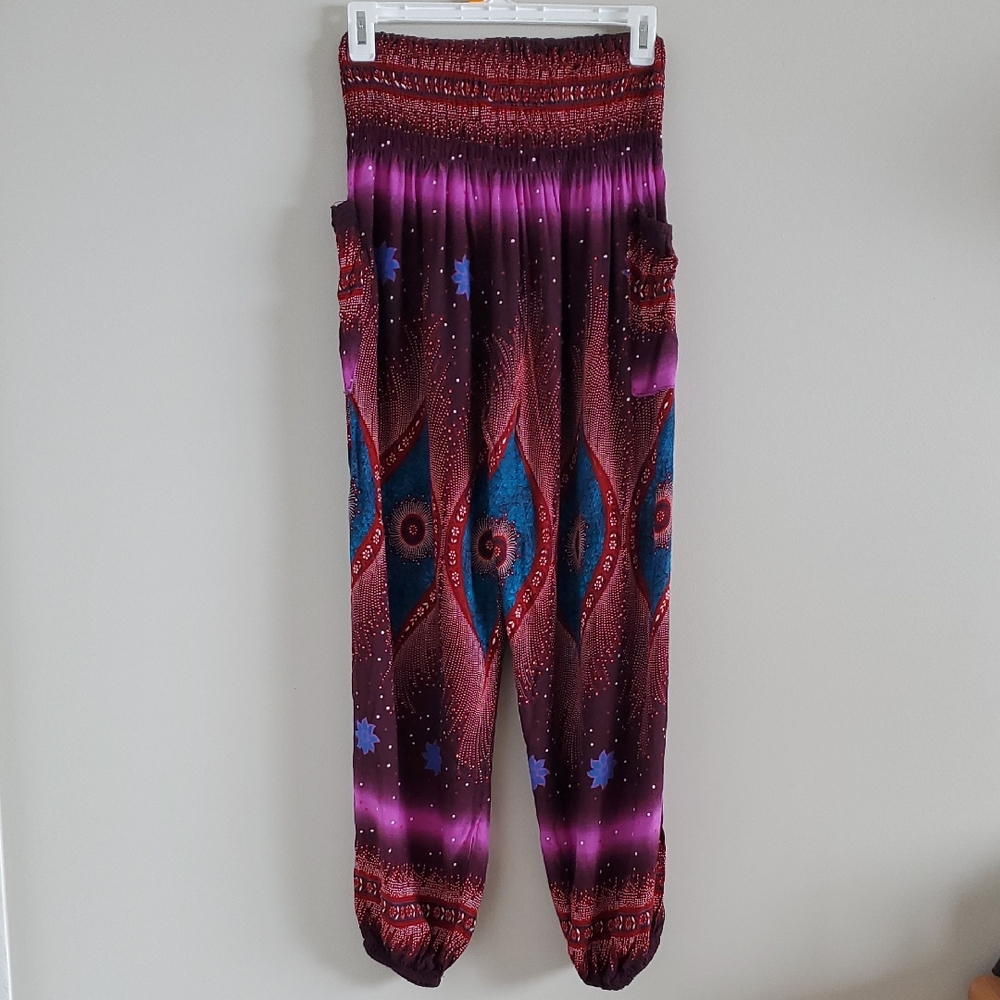 Purple Boho Hippie Chick Patterned Relaxed Fit Stretchy Waist Harem Pants XS S